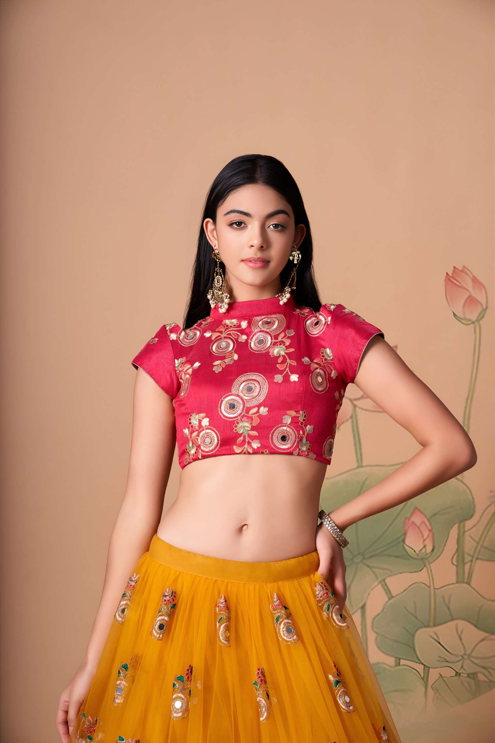 Mustard Yellow & Rani Pink colour fabric with Mirror Work on Lehenga Choli supplier in surat 7324 Yellow